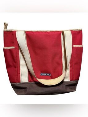 Lands End Tote Bag Red Brown Nylon Medium Canvas Cream Straps Boat